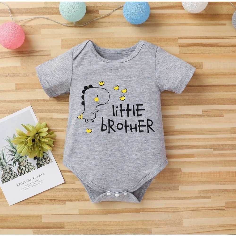 little brother dinosaur and stars one piece baby outfit 0-3m grey